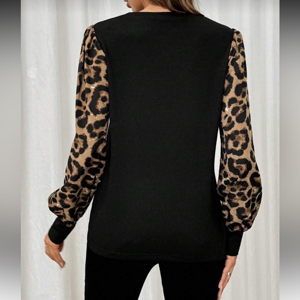 New Leopard Sleeve Black Top - Picture 5 of 5